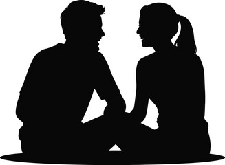 Couple sitting together in silhouette isolated on white background