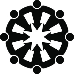 Circular group of people silhouette with arrows pointing inward isolated on white background