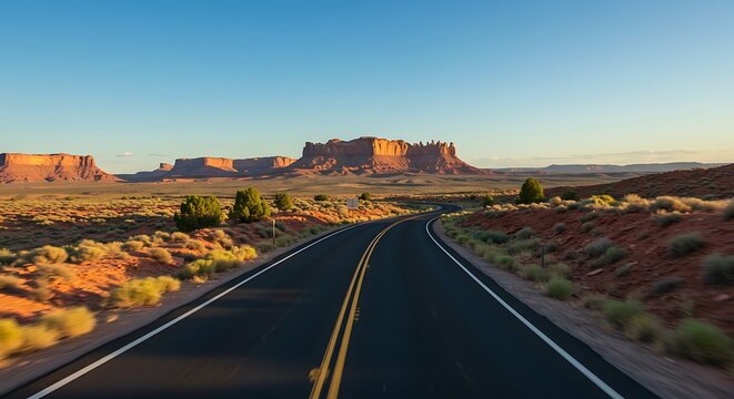 A winding highway curves through a vast desert landscape, leading towards distant red rock formations