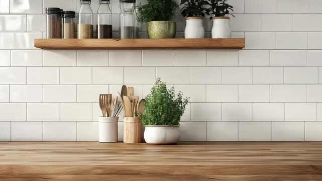 Clean kitchen counter with white subway tile backsplash and wooden shelf