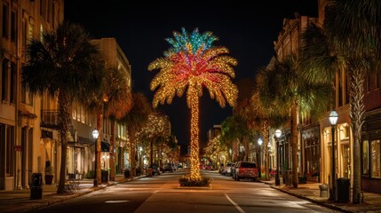 Illuminated palm tree with colorful christmas lights creating a festive holiday atmosphere on a charming city street at night, bringing cheer to the urban landscape