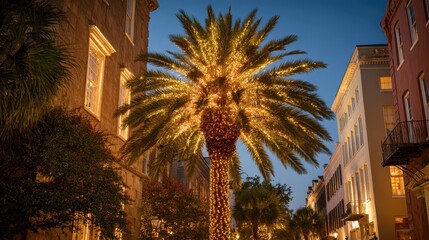 Charleston city street glowing with festive christmas lights wrapped around a tall palm tree at twilight, creating a warm holiday evening atmosphere