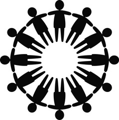 Circle of people holding hands silhouette isolated on white background