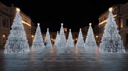 Christmas trees adorned with countless white lights illuminate a historic city square at night, creating a festive, wintry atmosphere for markets and holiday gatherings