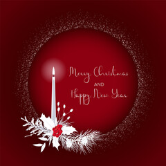 1584_Christmas greeting card with candle, holly, and twigs on a red background