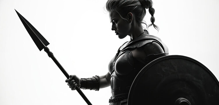 Profile view of female warrior with spear and shield. Woman wears metallic armor. Powerful athena like greek goddess is ready for battle. Black and white monochrome art.