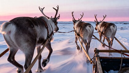 Three reindeer pulling a sleigh through a snowy landscape at sunset