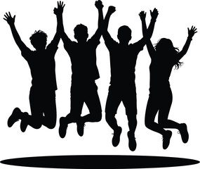 Four people jumping in celebration silhouette isolated on white background