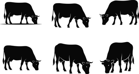 Cow grazing silhouettes, farm animal poses, black cattle vector, livestock feeding, rural agriculture, pasture scene, bovine illustration, nature design