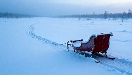 A red sleigh sits abandoned in a vast, snowcovered landscape with tracks leading away