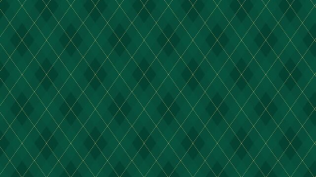 Seamless loop 4K animation of dark green argyle pattern with thin golden dotted lines. Elegant geometric textile motion background inspired by men&rsquo;s fashion and classic fabric design