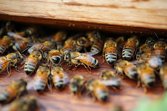 A colony guard bees standing alert at the hive entrance