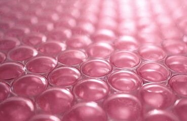 Close-up abstract texture of pink bubble wrap. Shiny air pockets form a repeating pattern with reflective surface. Plastic packaging material used for shipping and protection.