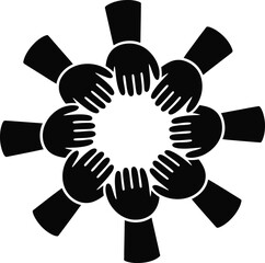 Circle of hands in silhouette isolated on white background