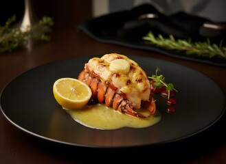 Grilled Lobster Tail with Lemon Butter Sauce on a Black Plate