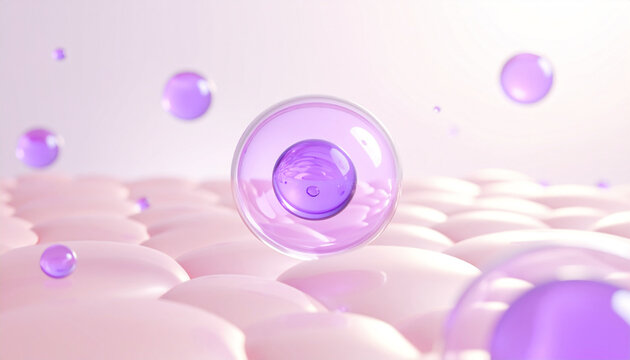 紫の美容成分カプセルが肌細胞に浸透するイメージ。高品質な3D化粧品ビジュアル /
Purple skincare ingredient capsules penetrating skin cells, high-quality 3D cosmetic visual