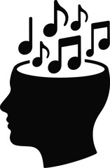 Silhouette of a human head with musical notes silhouette isolated on white background