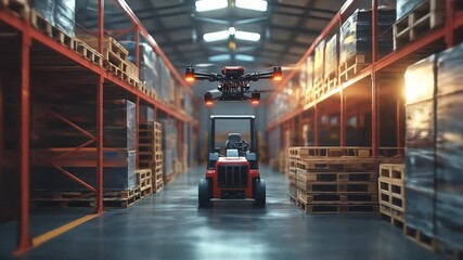 Drone inspects warehouse, monitoring palletized cargo next to forklift - Powered by Adobe