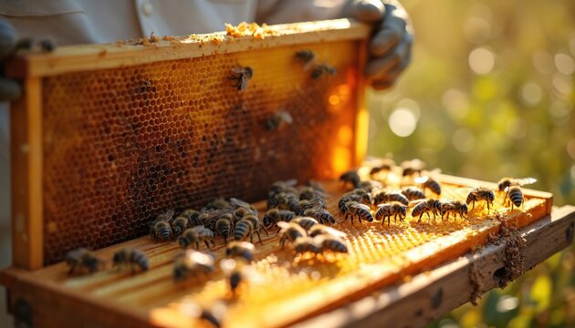 Beekeeper holds frame covered in bees and honeycomb. Busy insects crawl over wax cells filled with nectar. Golden honey drips in sunlight. Rural farm scene.