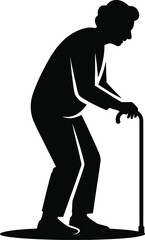 Silhouette of an elderly person with a cane isolated on white background