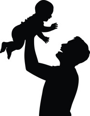 Father throwing baby in the air silhouette isolated on white background