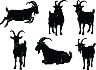 Flat vector goat silhouettes in different poses, domestic farm animal illustration, livestock and wildlife design template