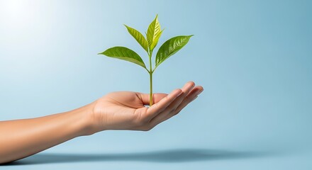 Hand Gently Cupping Vibrant Green Sapling Against Soft Blue Gradient Backdrop.