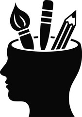 Creative mind silhouette with art supplies isolated on white background