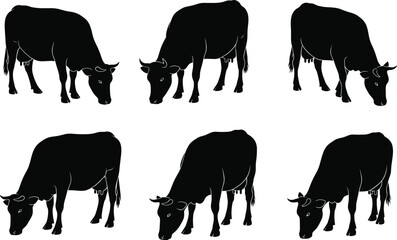 Cow silhouette grazing pose, black livestock figure, farm animal illustration, rural design, standing cattle concept, agriculture art, pasture scene