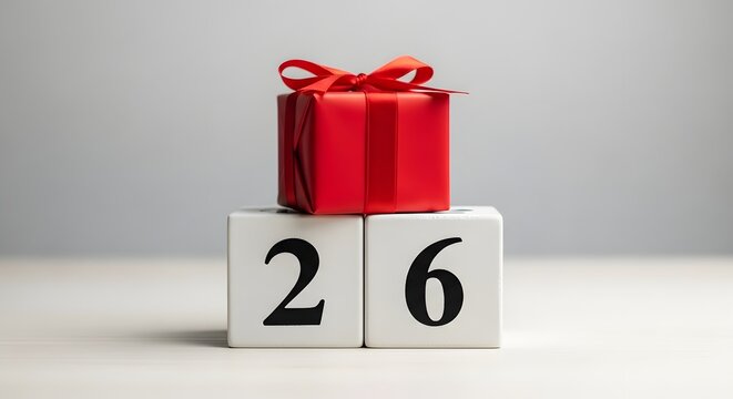 Red gift box sitting on top of white wooden blocks showing the number twenty six - Powered by Adobe
