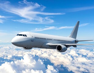 Obraz premium A white passenger jet soars through a bright blue sky filled with fluffy white clouds