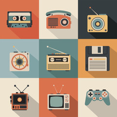Retro Technology Icons — Cassette Tape, Vintage Radio, Rotary Phone, Walkman, Floppy Disk, Old TV, and Game Controller.