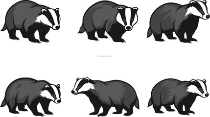 Flat vector badger illustrations in different styles, wildlife animal silhouettes and cartoon designs, nature artwork template