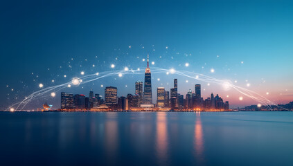 Futuristic cityscape with digital network overlay at dusk