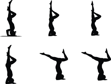 Yoga headstand pose variations, fitness balance exercise, meditation practice, wellness lifestyle, gym workout illustration, flat vector