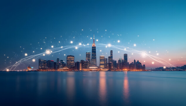 Futuristic cityscape with digital network overlay at dusk - Powered by Adobe
