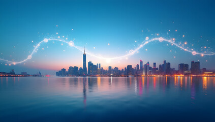 Futuristic cityscape with digital data wave over the water