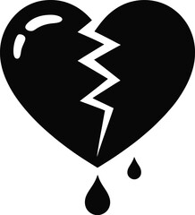 Black silhouette of a broken heart with drips isolated on white background