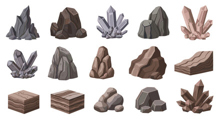Collection of various pixel art rocks and crystals in different shapes and colors.