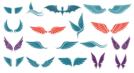 Collection of various stylized wing illustrations in blue, red, and purple hues.