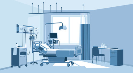 Fototapeta premium A sterile and brightly lit hospital room with a patient bed and medical equipment.