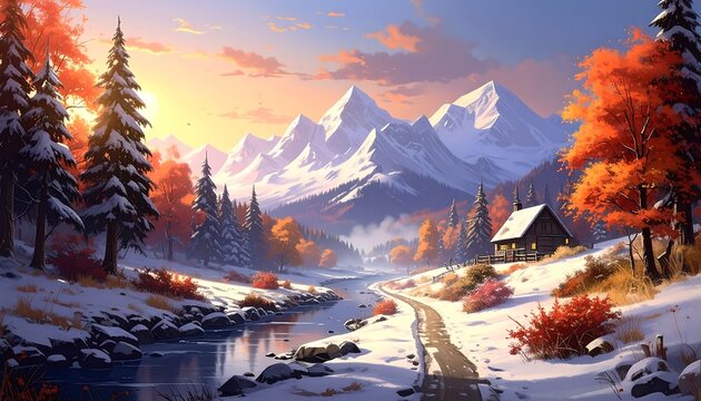 A serene landscape features snow-covered ground and a winding river with a cabin nestled near snowy mountains and vibrant autumn foliage