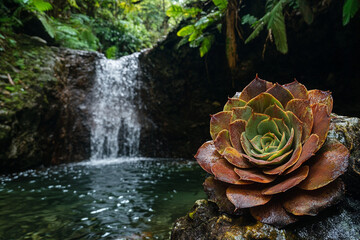 A spiral succulent next to a small waterfall in a tropical rainforest