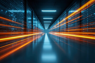 Obraz premium Futuristic data center corridor with glowing server racks and dynamic orange light trails creating a high-tech atmosphere of fast information flow and connectivity