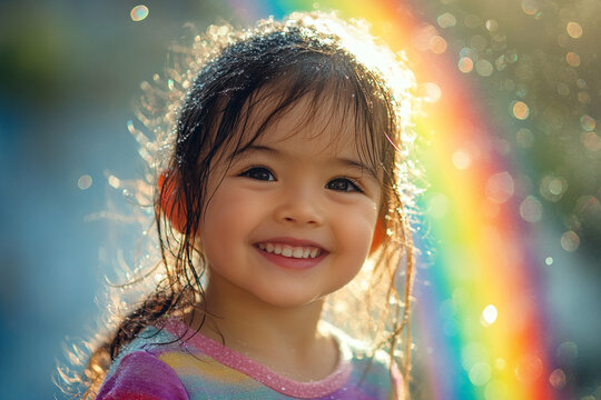 Beneath a radiant rainbow, children laughter echoes in joyful harmony, mirroring vibrant hues above