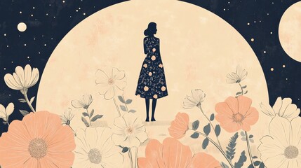 The girl in the back of the flower field under the moon