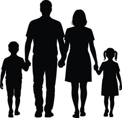 Family silhouette holding hands isolated on white background