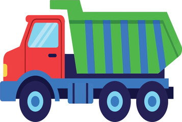 Fototapeta premium A vibrant cartoon illustration features a colorful dump truck with a red cab and a green and blue striped bed, ready for hauling materials isolated on white background