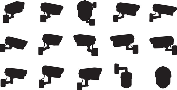 Collection of security camera silhouettes on a white background Keywords: security camera, surveillance camera, CTV, camera, video, recording, monitoring, security, also transparent background