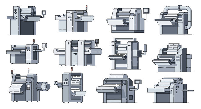 Collection of flat design illustrations of various industrial printing and paper processing machines.